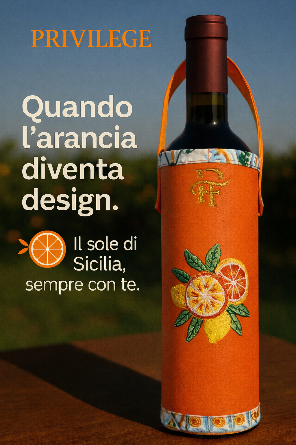 Rivestimento decorativo copri-bottiglia Privilege in ecopelle d’arancia